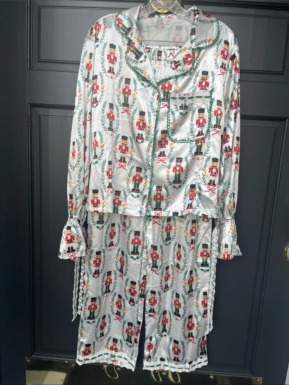 Nutcracker Print Satin Pajama Set - White with Red & Green